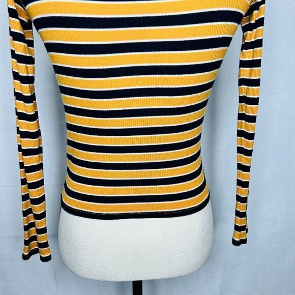 Forever 21 Long-Sleeve Ribbed Shirt Womens Size S Gold Navy Striped Rayon Blend - Picture 8 of 8